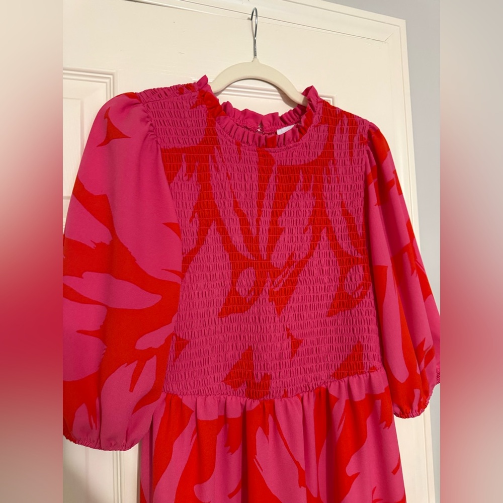 Sugarlips Pink and Red Smocked Midi Dress - Picture 2 of 4